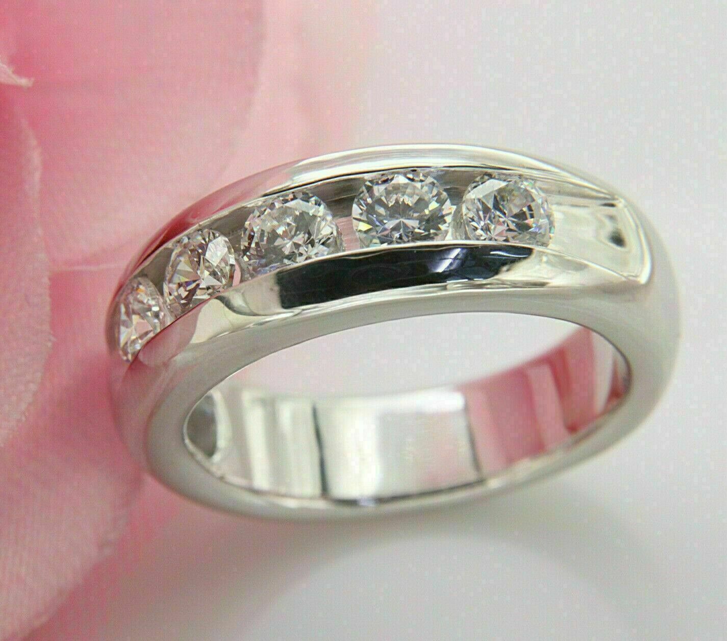 1.50 Ct Round Cut Simulated 5 Stone 14K White Gold Finish Mens Wedding Band Ring