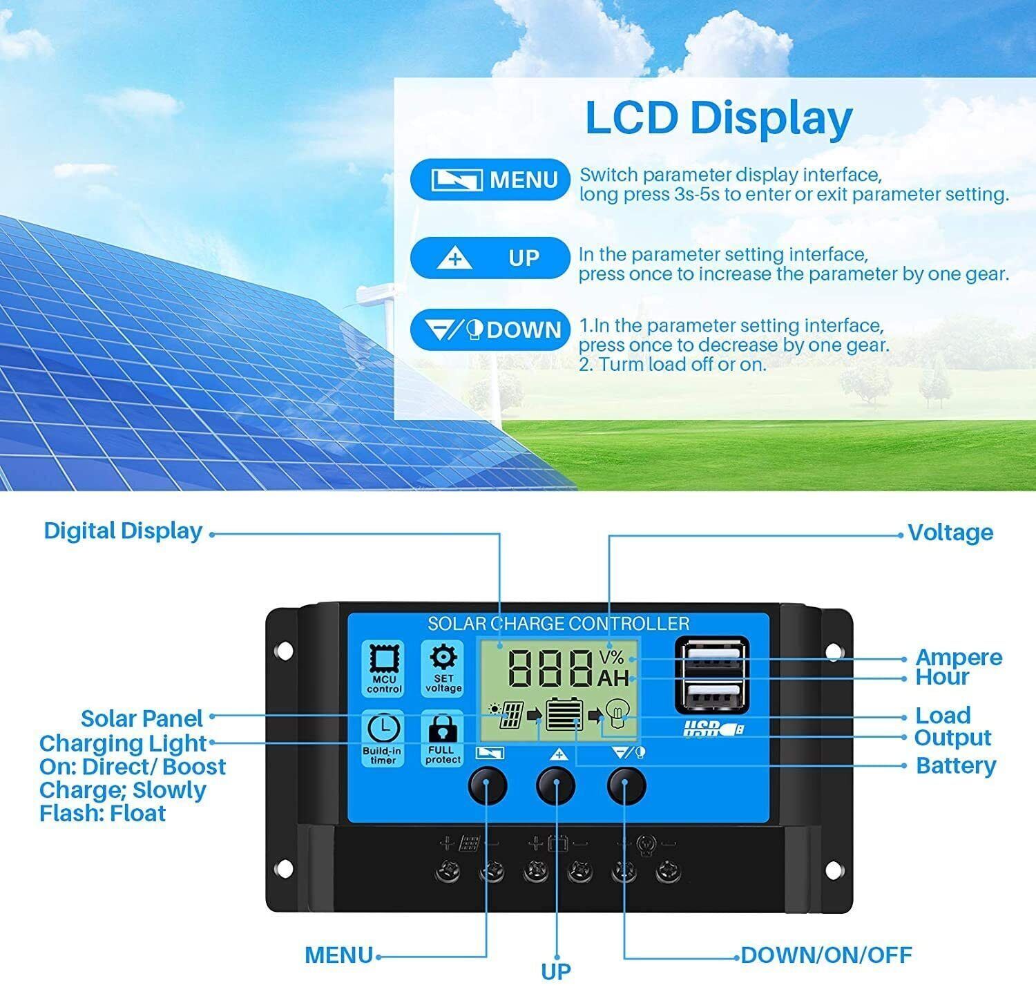 30A PWM Solar Panel Charge Controller 12/24V Auto LCD Display Dual USB Timer Set
