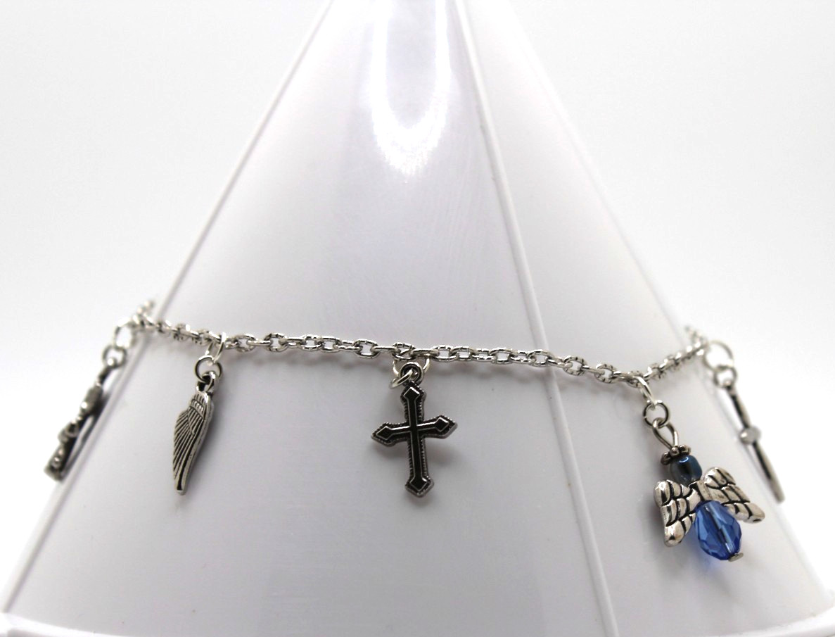 Handcrafted 9" silver chain with various religious themed charms bracelet