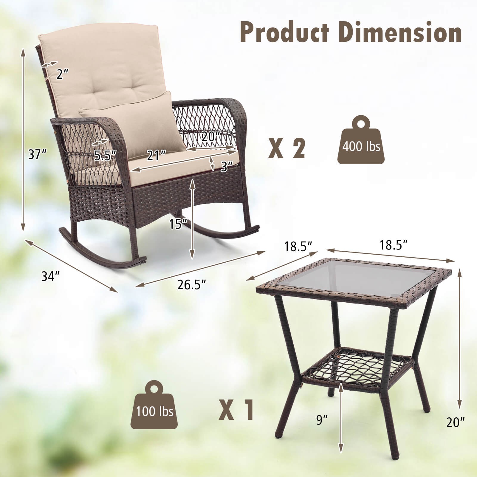 3 PCS Patio Rocker Set Outdoor Wicker Rocking Chairs w/Double-Layer Coffee Table