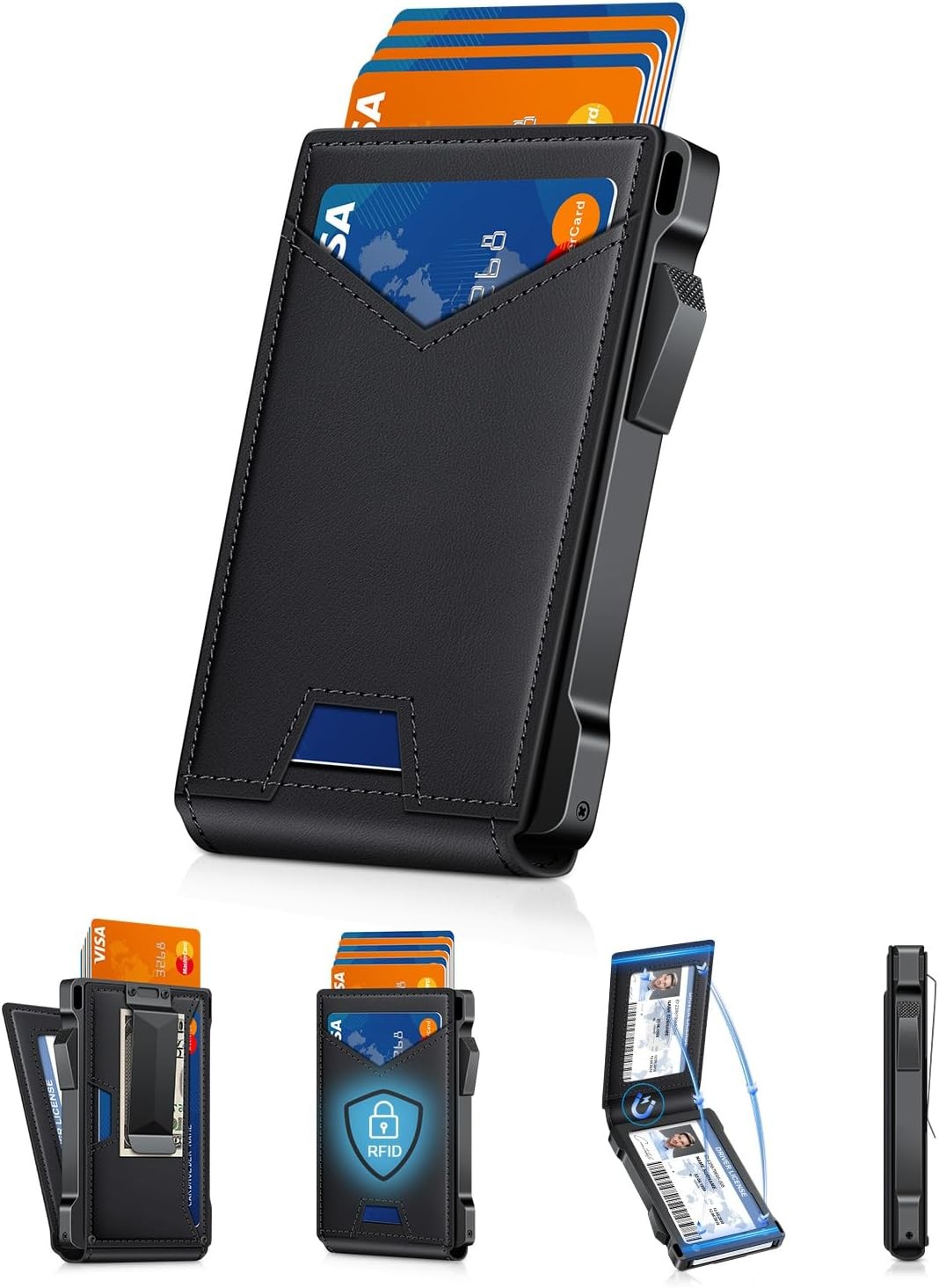 Kafellon Slim Pop-Up Wallet Black RFID Blocking Metal Card Holder + Money Clip