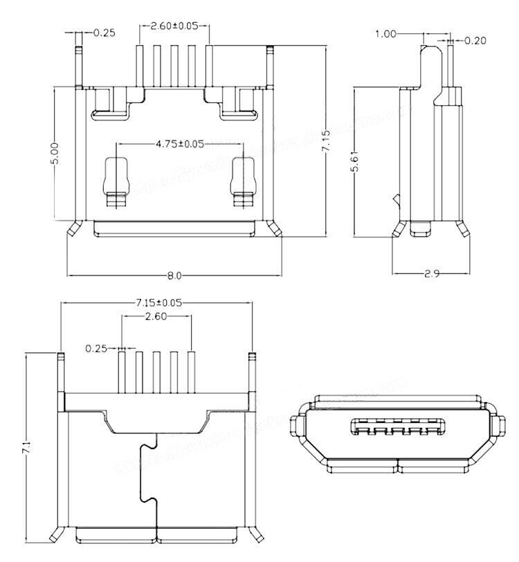 Micro USB Type B Female Connector DIP 5P Socket Vertical 180°5 Pin 2 Legs