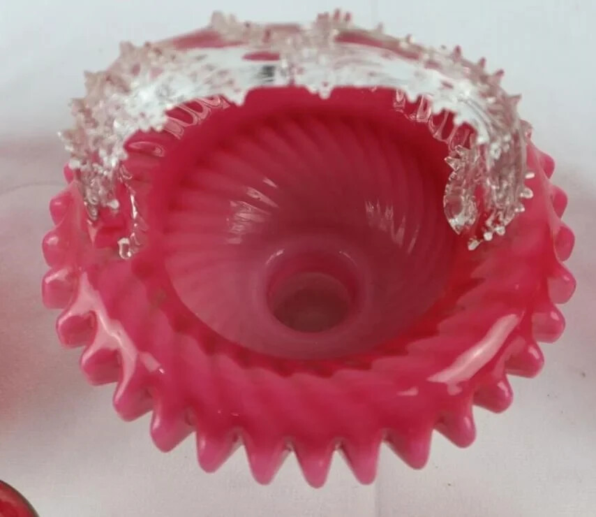 Stevens & Willliams Cranberry Pink On White Glass Basket ~ Thorned Handle ~