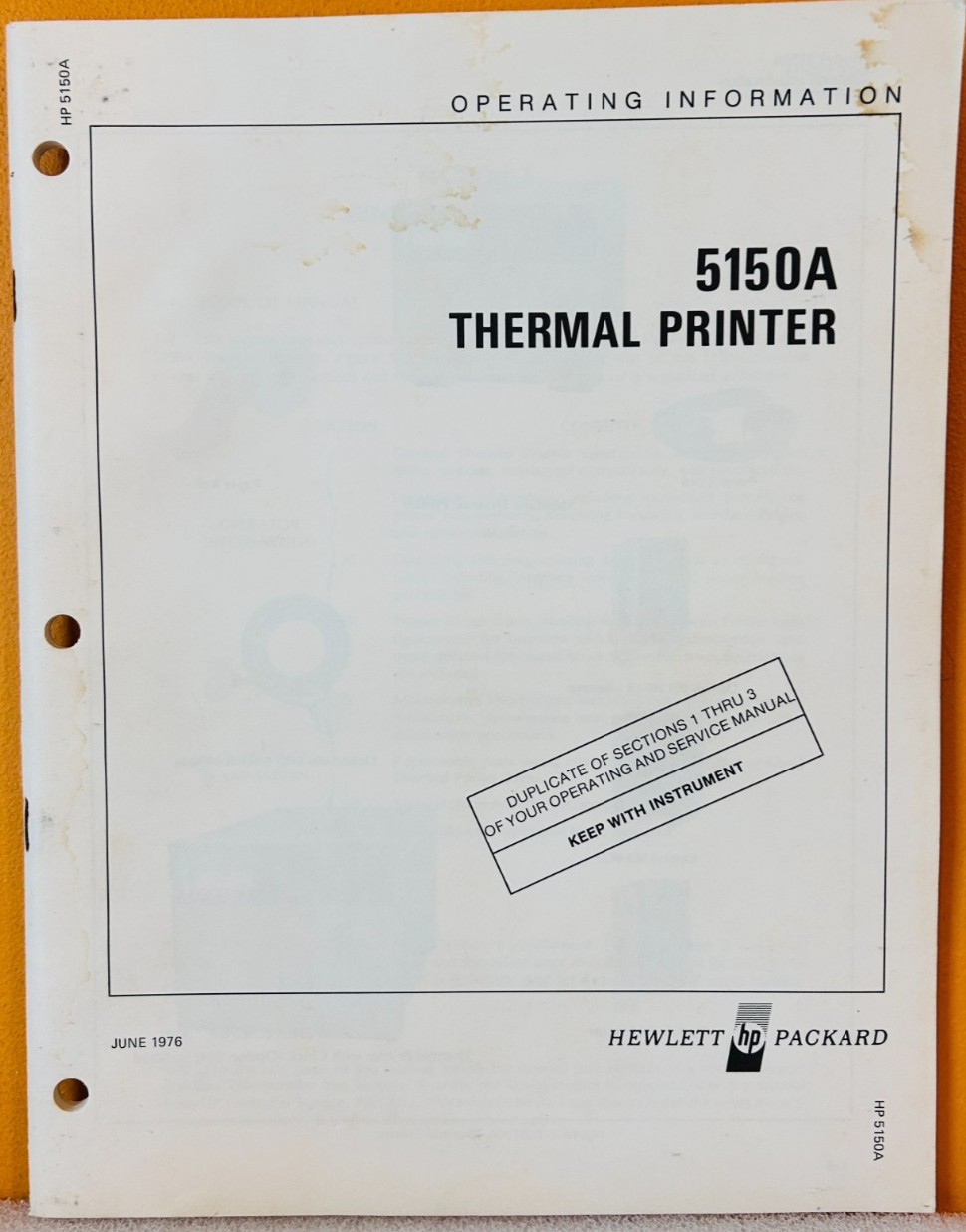 HP 05150-90005 1976 Model 5150A Thermal Printer Operating Information Manual.