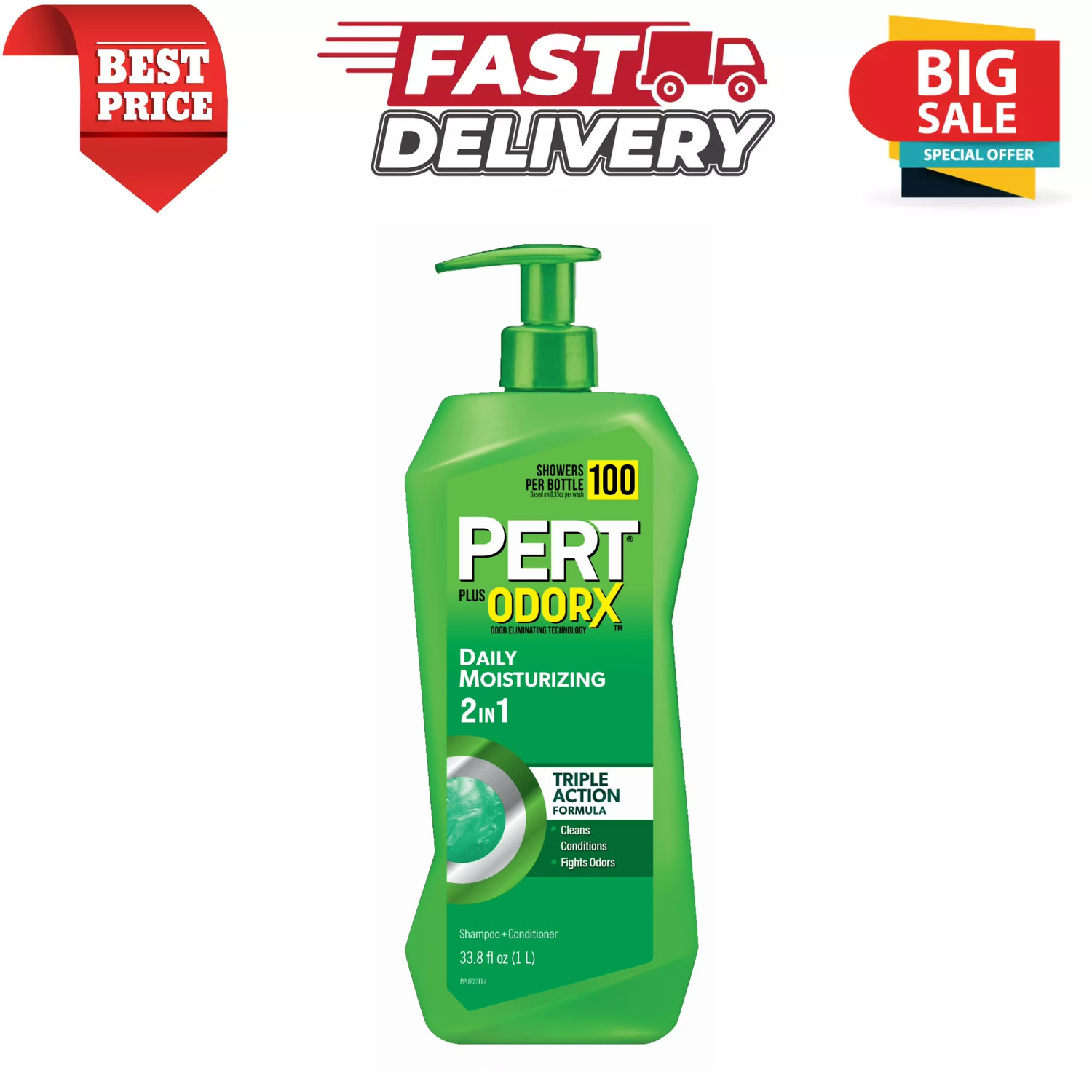 Pert Plus OdorX Daily Moisturizing 2-in-1 Shampoo & Conditioner, 33.8 fl oz