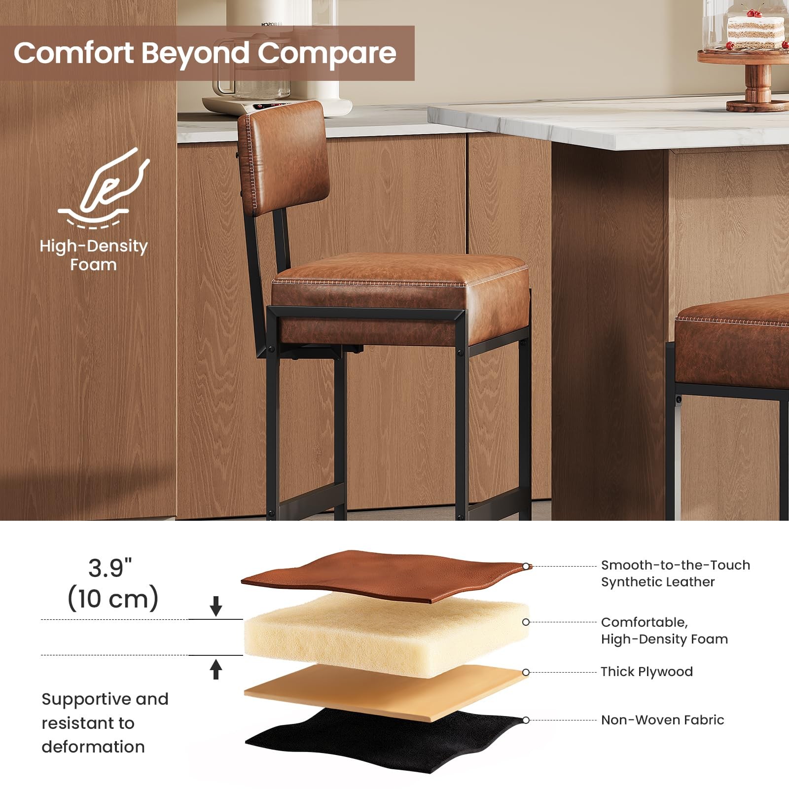 Bar Stool, Counter Height Bar Stools, Synthetic Leather with Stitching, Mid-C...