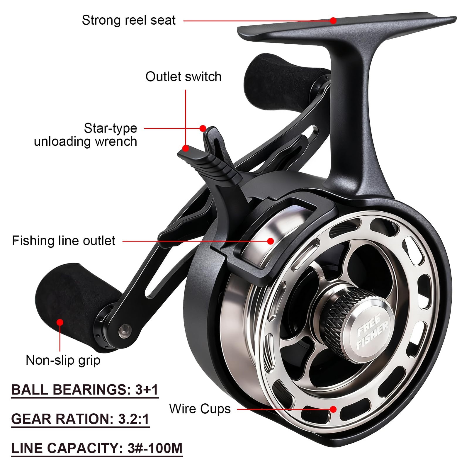 Fisher Ice Fishing Reel 3.2:1 Gear Ratio Ultra Smooth 3+1Ball Bearings Strength