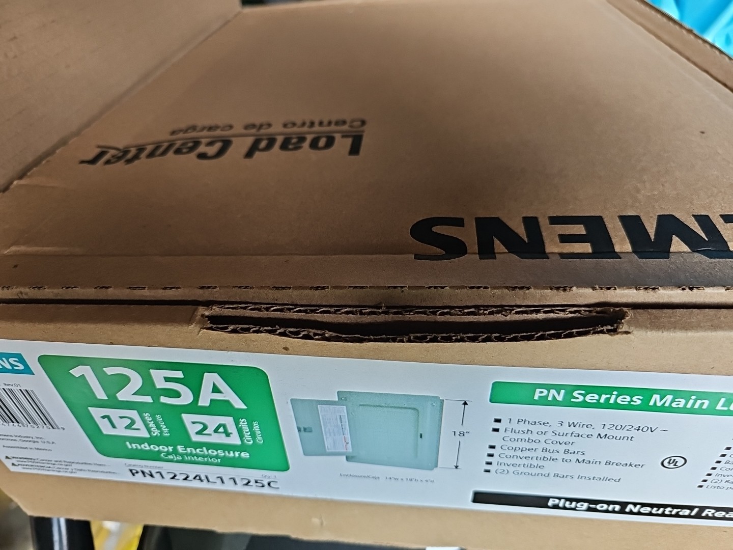 Siemens PN Series 125A 12 Space 24 Circuit Main Lug Load Center PN1224L1125C New