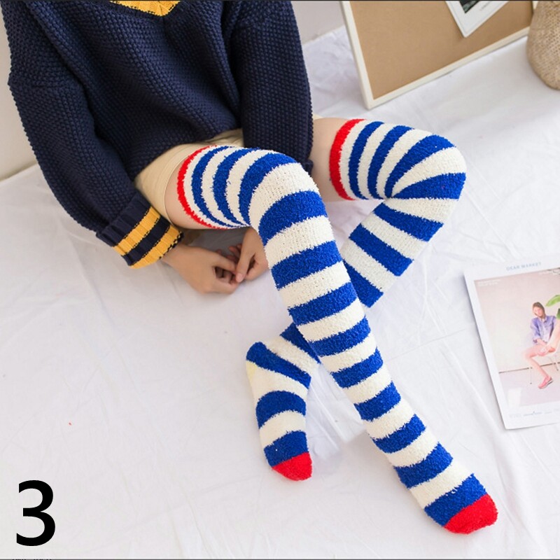 Women Striped Coral Fleece Stockings Long Overknee Leg Warmers Thick Winter Soft