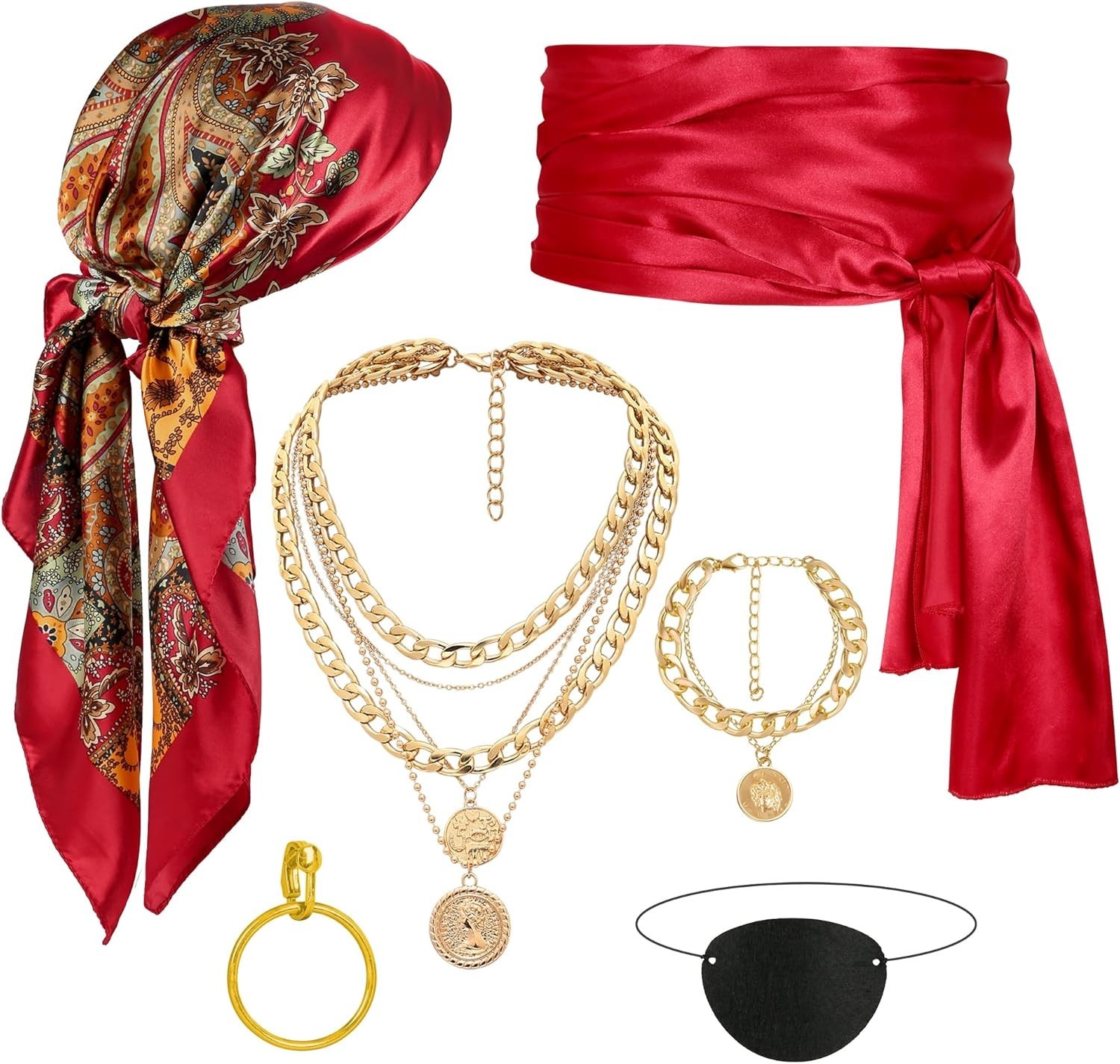 Men Pirate Costume Accessories Set for Women: Pirate Hat, Head Scarf, Sash, B...