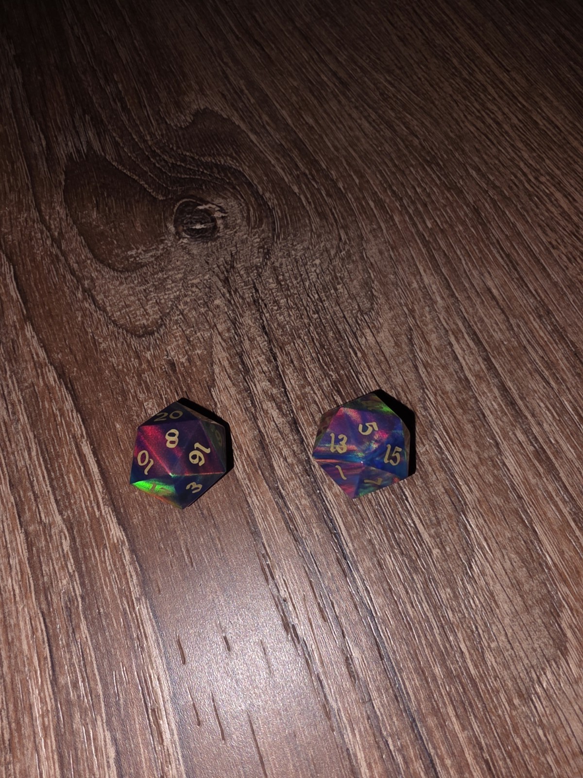 Artisan Dice Harlequin Opal Synthetic Japanese Opal D20s Brass Inlaid Numbers