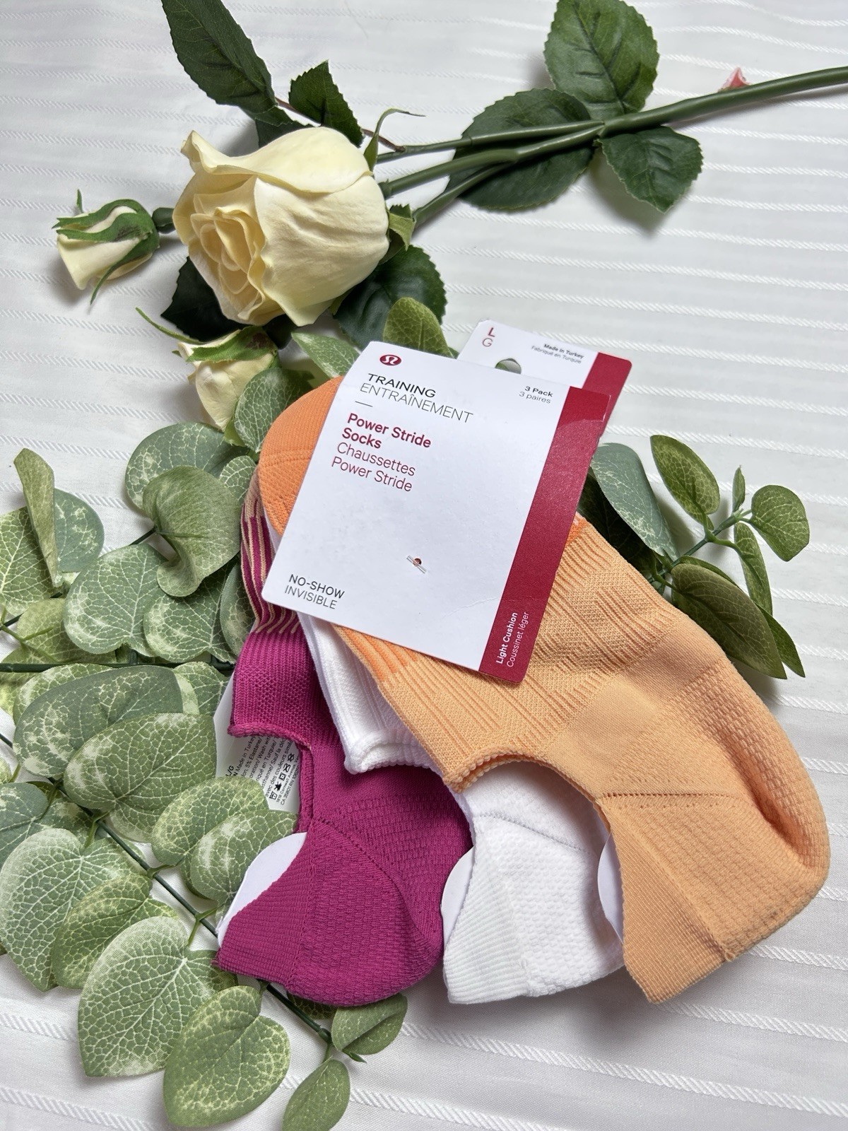 NWT$38 Lululemon Power Stride No Show Socks 3 Pack - RKML/WHT/RBCO - Size M