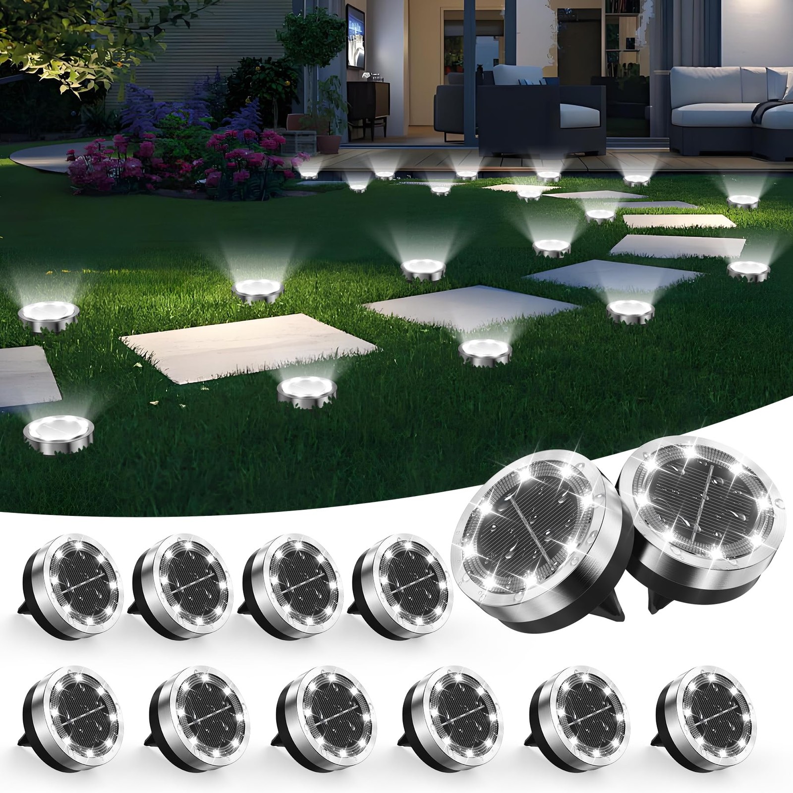 Solar Ground Lights Outdoor, 12 Pack Solar Lights Outdoor Waterproof, Mini Fl...