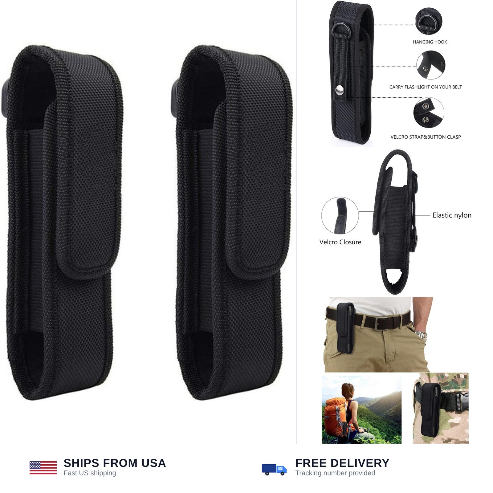 2 Pcs Flashlight Holster Pouch Holder Flash Light Belt Pouch Carry Case for 5...