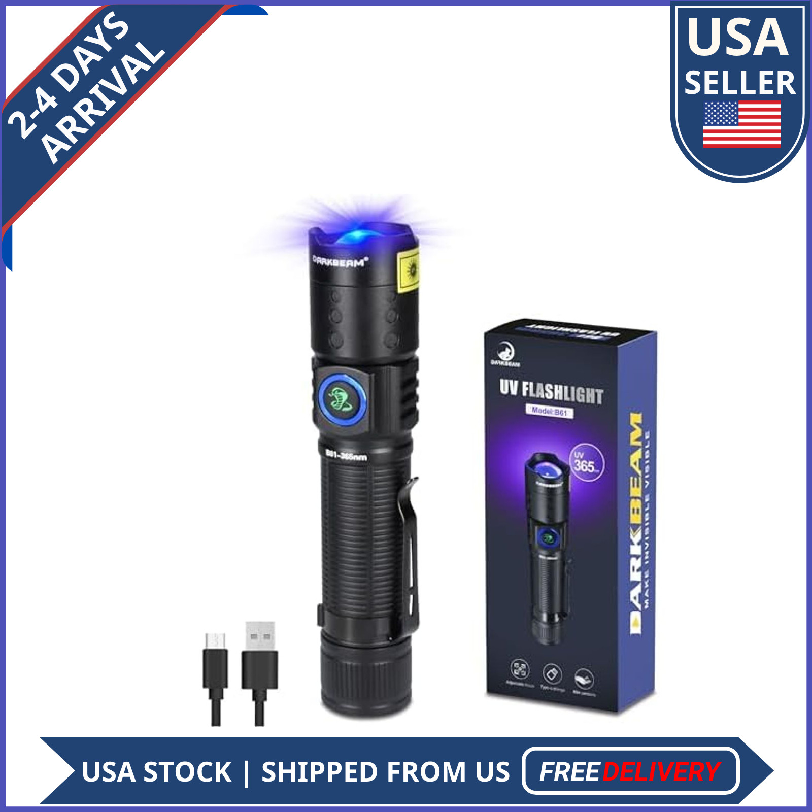 DARKBEAM UV 365nm Flashlight Rechargeable Black Light USB-C UV Torch