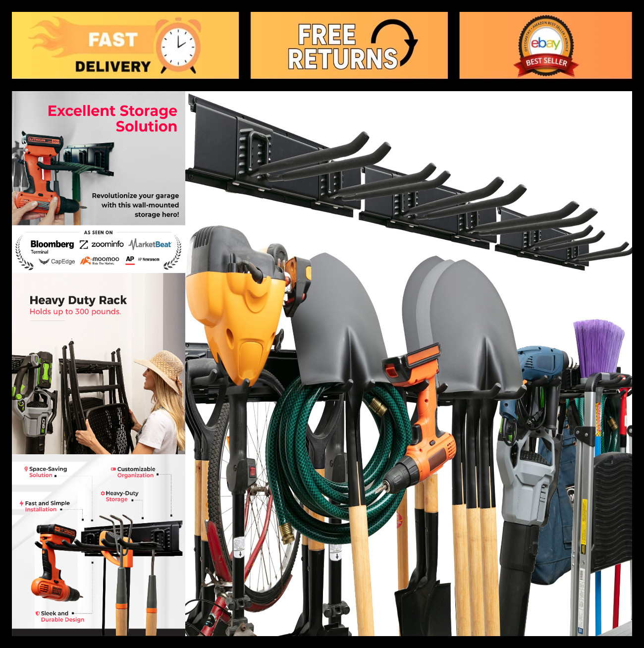 Sturdy Wall-Mounted Garage Tool Organizer - 48" Storage Rack, 300lbs Capacity, A