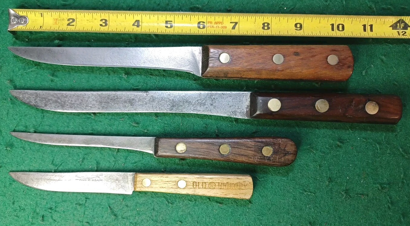 Vintage 4 Carbon Steel Knives, 3 Are Unbranded, 1 is Ontario Knife Co.