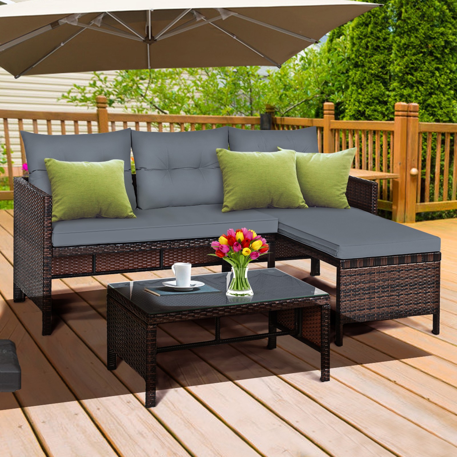 3PCS Outdoor Rattan Furniture Set Patio Couch Sofa Set w/ Cushion