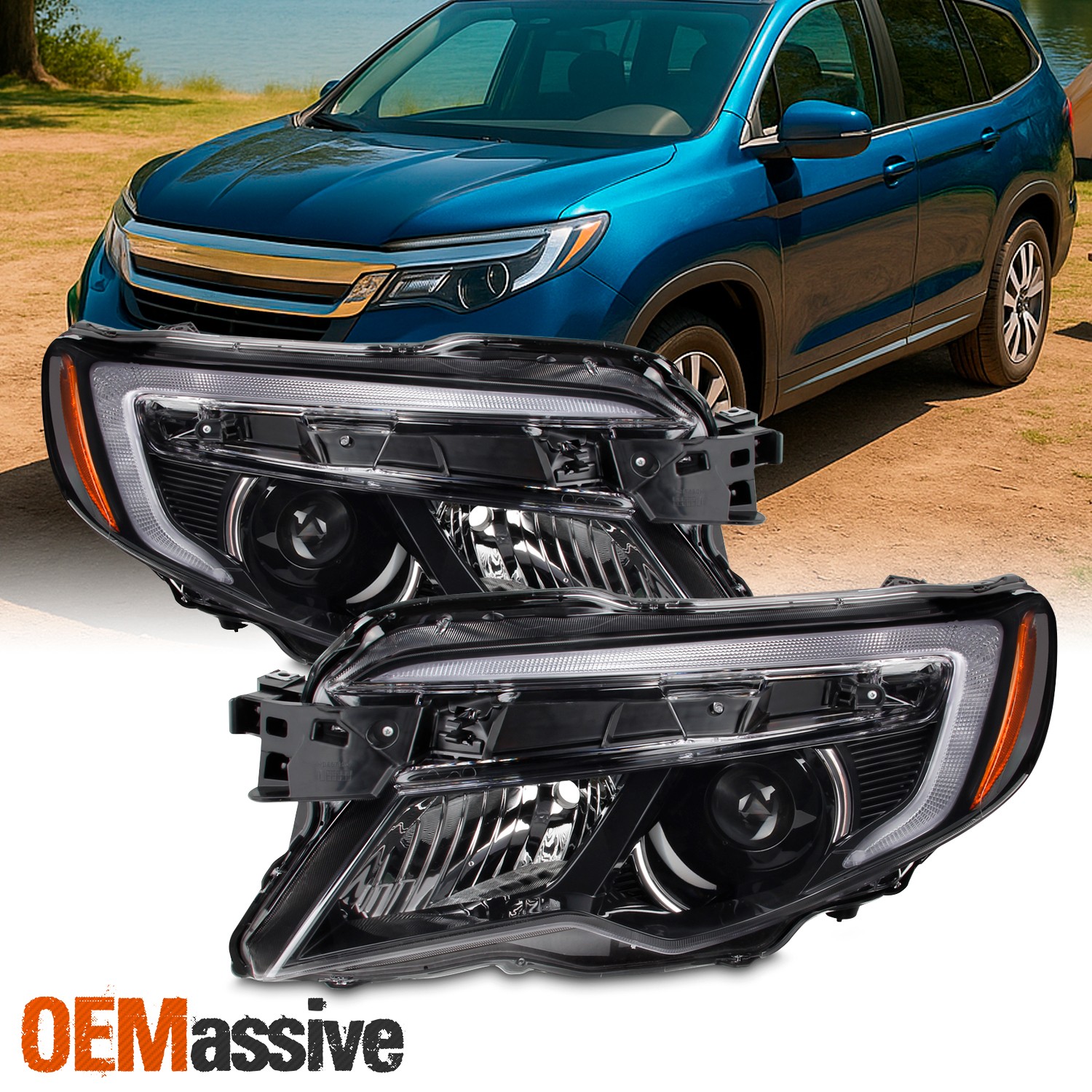 For 2016-2021 Honda Pilot/ Ridgeline 17-20 [Halogen Type] Headlights Pair Black