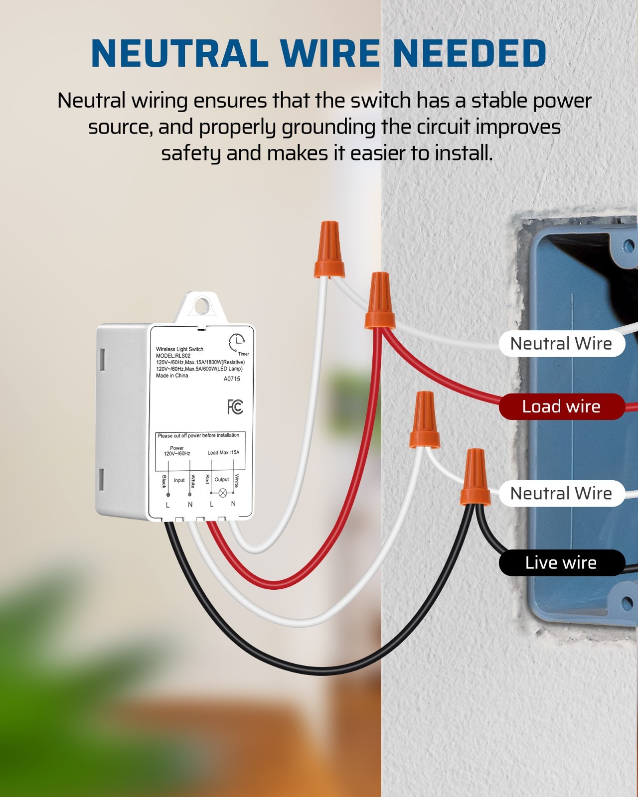 DEWENWILS Wireless Light Switch 15AMP High Power Receiver Kit with Timer, Indoor