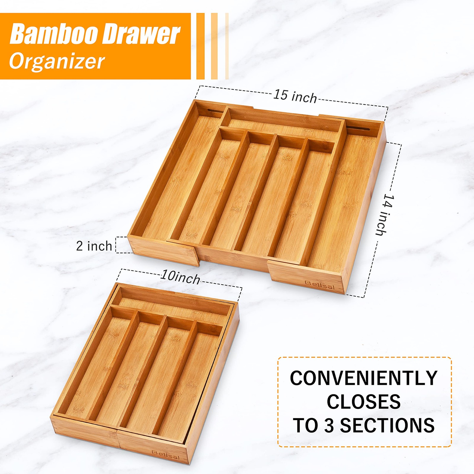 Bellsal Silverware Organizer Kitchen Drawer 7 Slots Expandable, Nature
