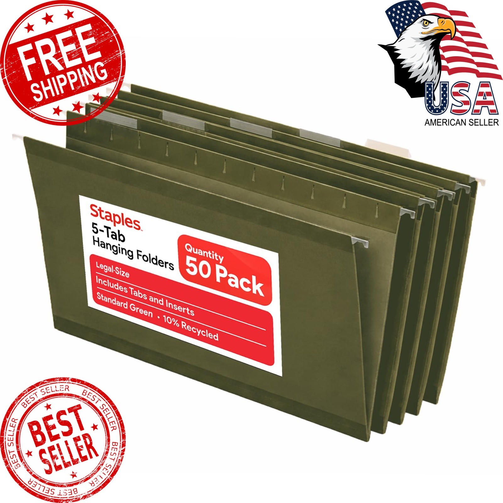 STAPLES Legal Hanging File Folders 50 Pack Green Tabs