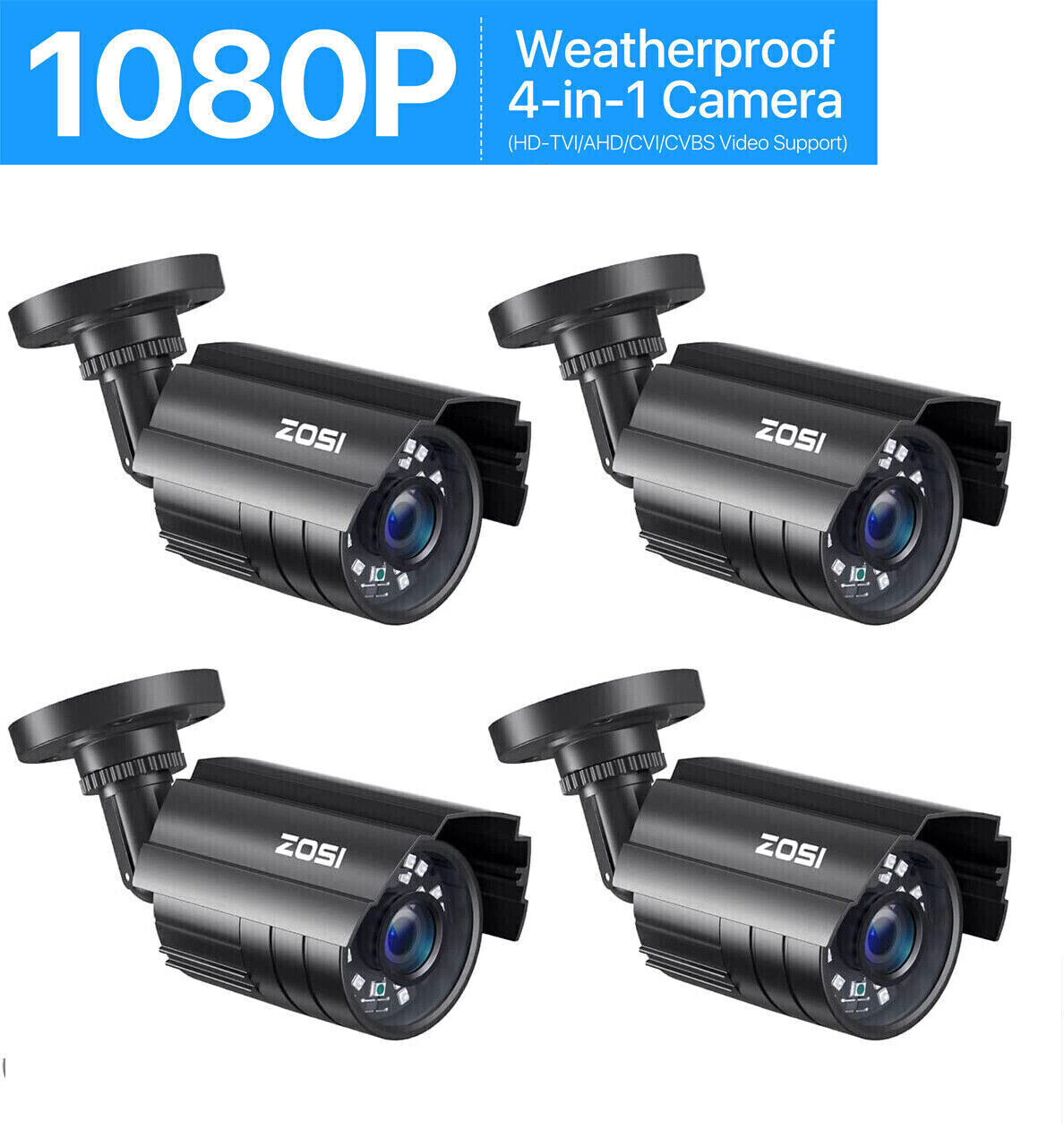 ZOSI 4PCS 2MP HD Waterproof Bullet Security Camera CCTV 80ft Night Vision System