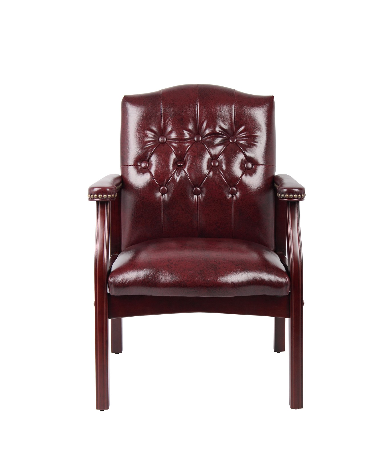Boss Traditional Oxblood Vinyl guest chair W/ Mahogany Finish MODEL # B959-BY
