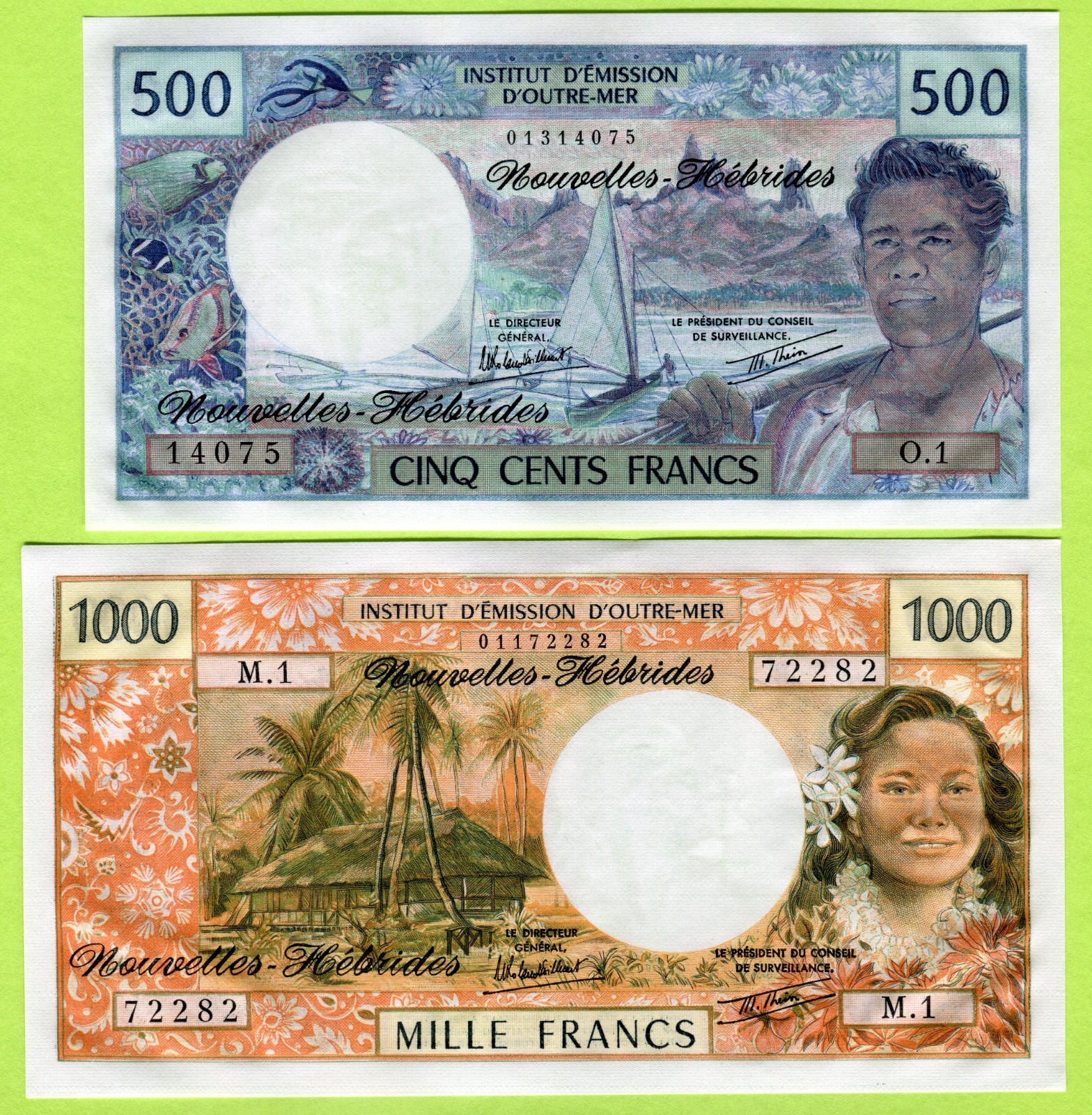 New Hebrides (Vanuatu) 500 1000 Francs ND(1980) P19c P20c AU