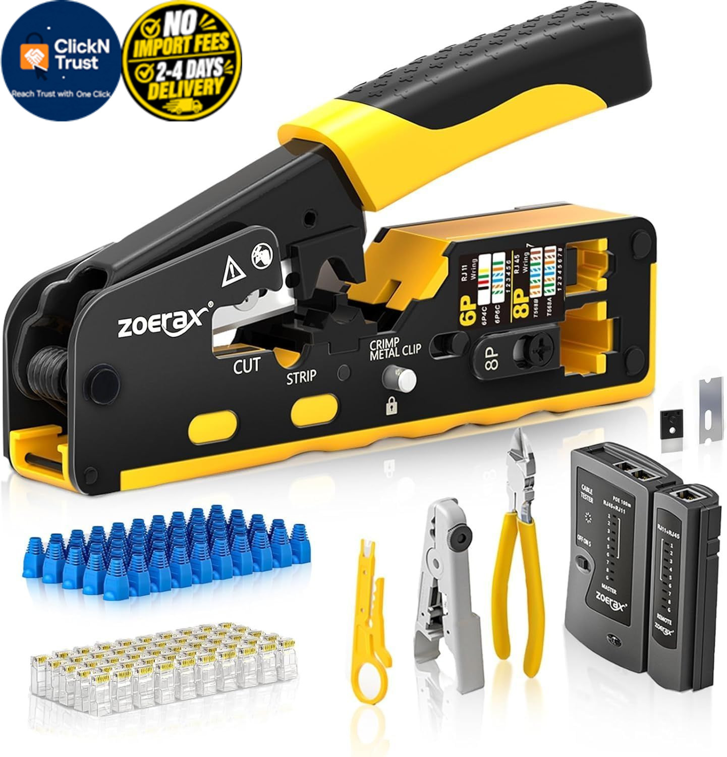 RJ45 Pass-Through Crimping Tool Kit for Cat7, Cat6, Cat5 – Includes Metallic