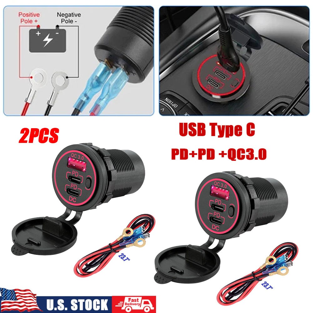 2X Red Car USB Outlet Wire USB Charger Multi Port PD3.0 USB-C QC 3.0 Fast Charge