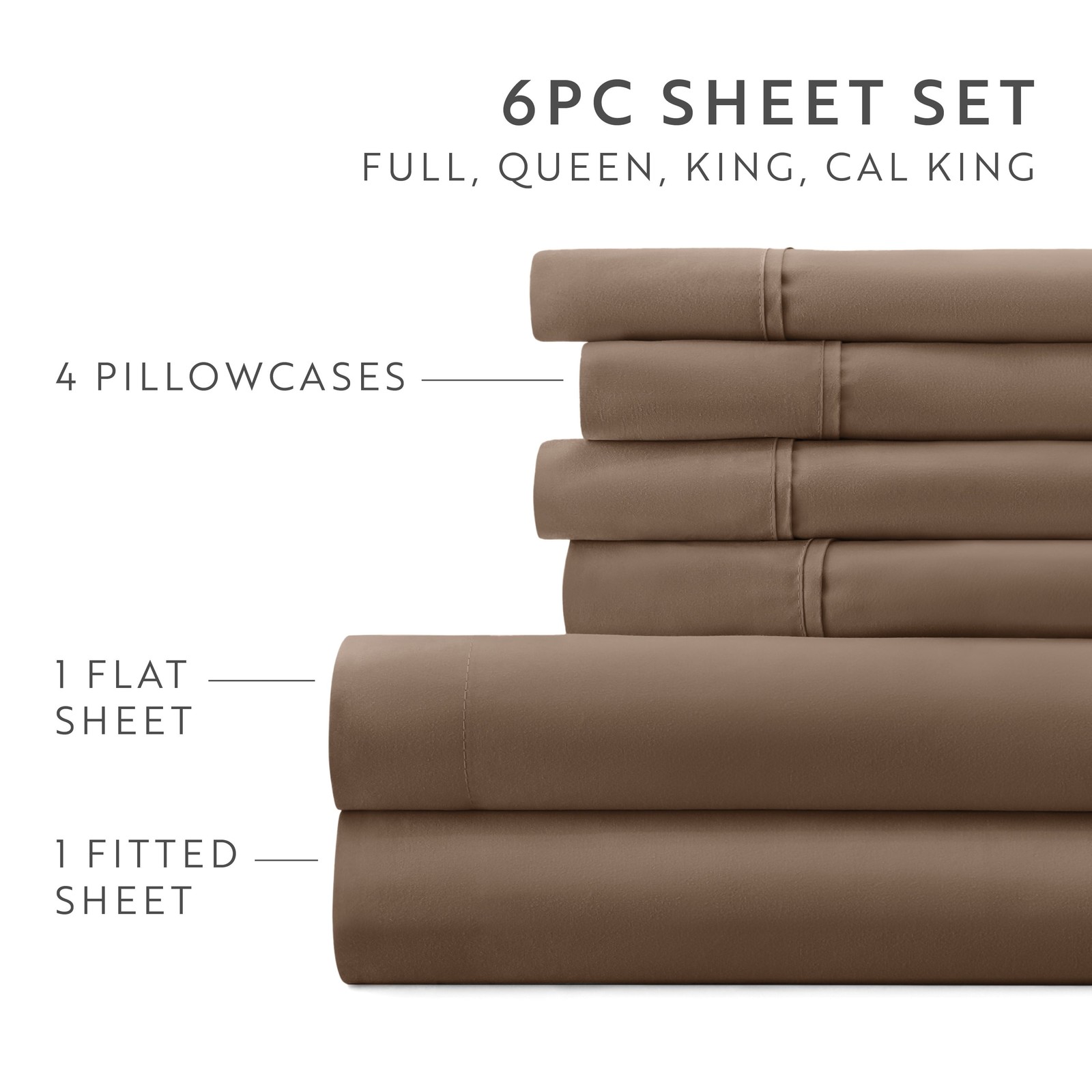 6 Piece Bed Sheet Set Full Taupe W/ Microfiber & Hypoallergenic Deep Pockets
