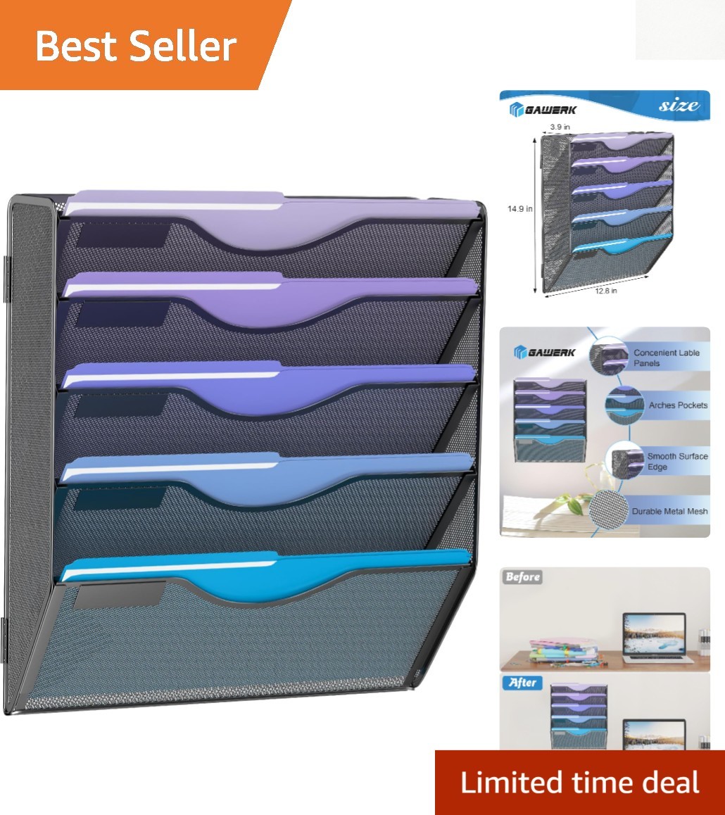Professional Black Mesh Wall Organizer - 5-Tier Design for Home & Office