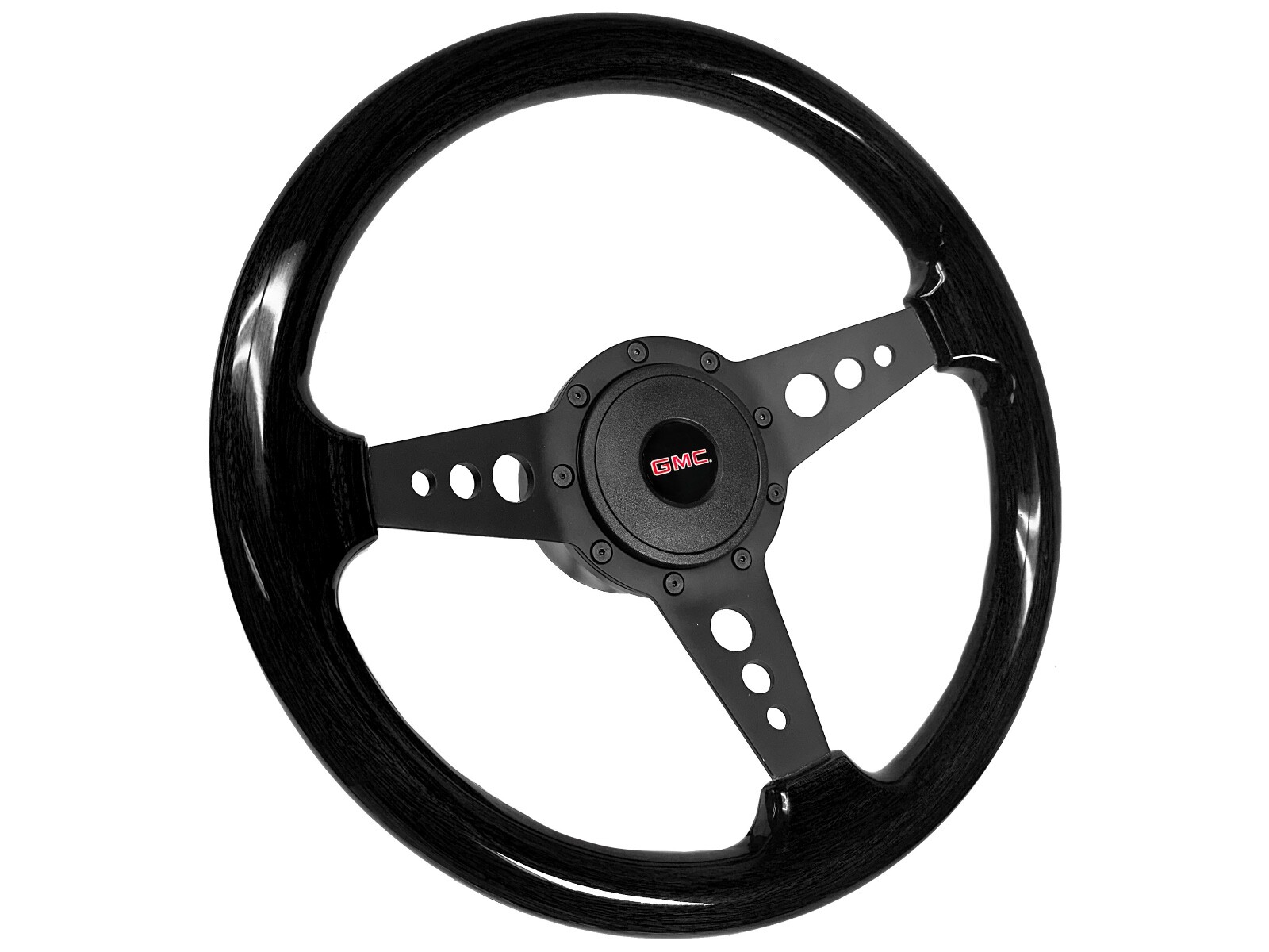1974-94 GMC 14 inch 9 Bolt Black Ash Wood Steering Wheel Kit, 3 Spoke-Holes