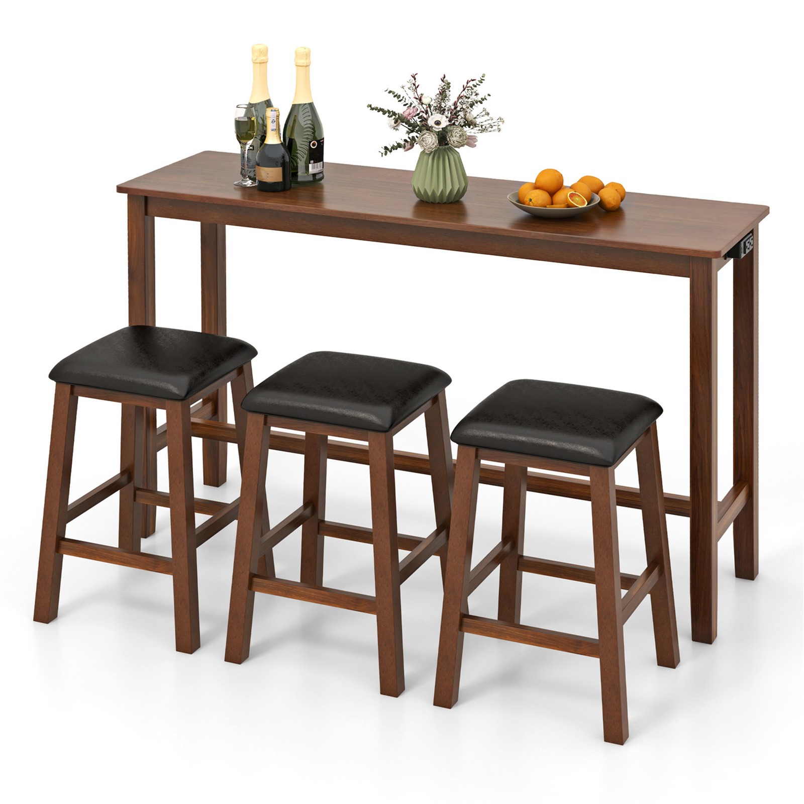 4-Piece Bar Table Set w/ Power Outlet Counter-Height Table & 3 Bar Stools