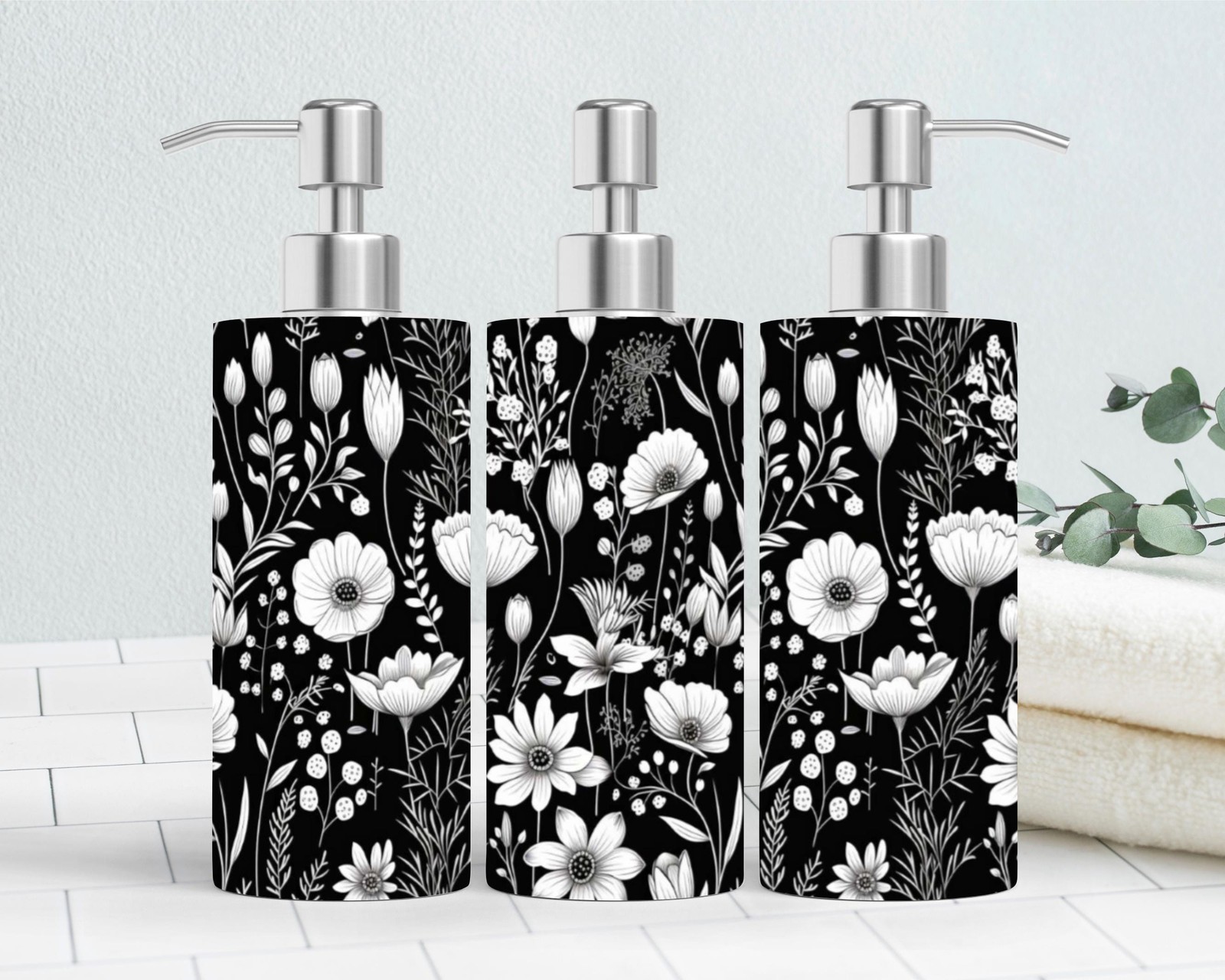 Stainless Steel Soap Dispenser Black White Wildflower Floral Design 18.6oz