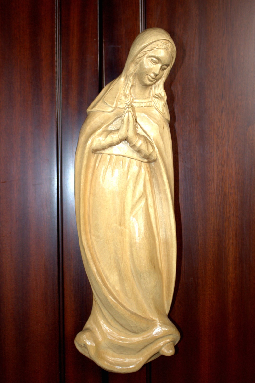 VTG 15.5" HAND CARVED WOOD CATHOLIC OUR LADY VIRGIN MARY HIGH WALL RELIEF FIGURE
