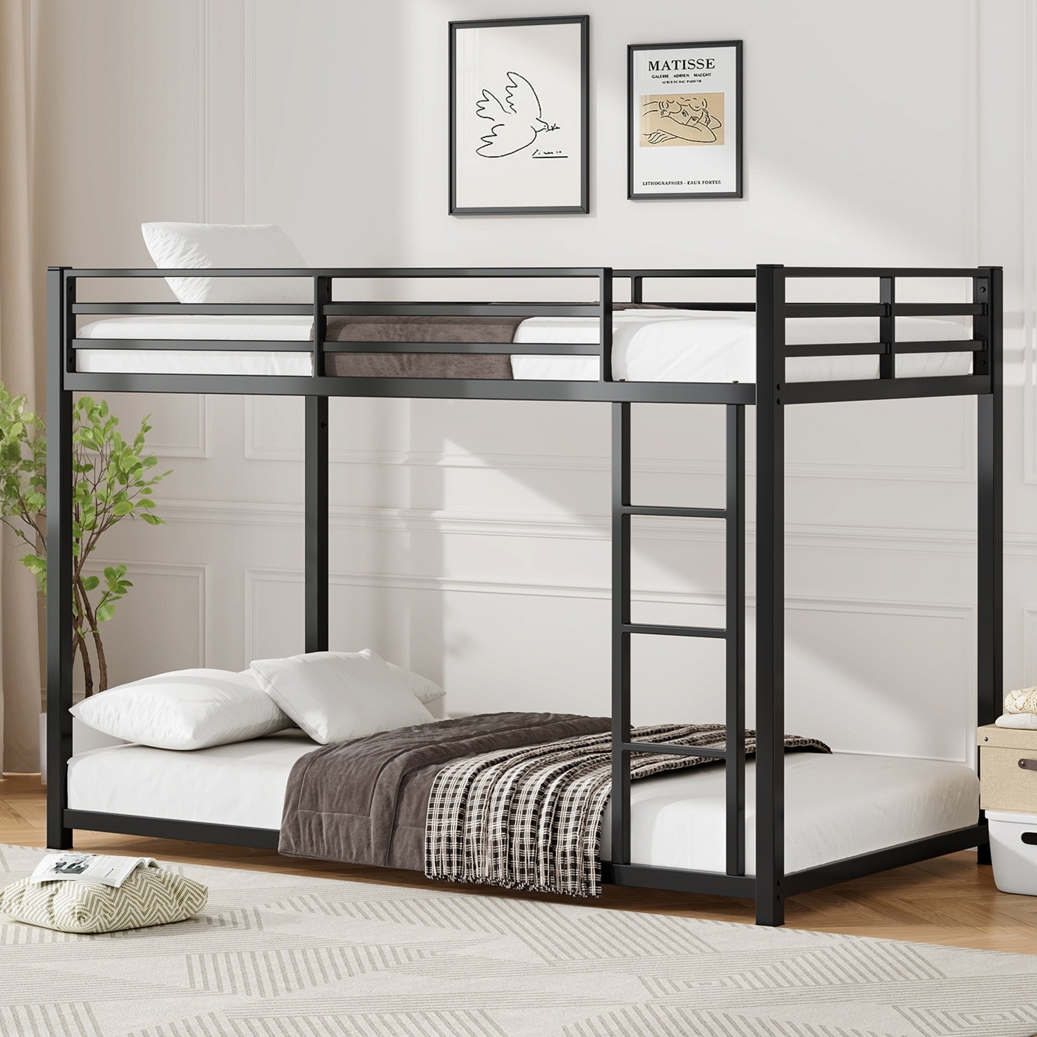 Twin Over Twin Low Bunk Bed Sturdy Metal Frame w/ Ladder for Kids Teens Black