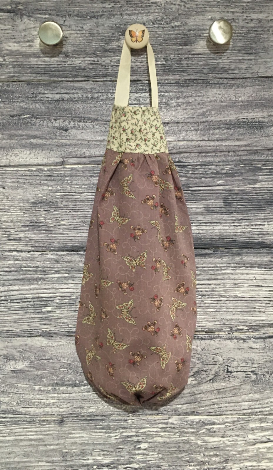 Plastic Grocery Bag Rag Sock Holder Butterflies Rose Mauling Shabby Chic Mauve