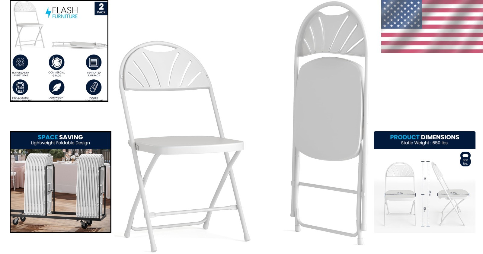 Durable White Folding Chairs - 2 Pack, Ideal for Indoor/Outdoor Events