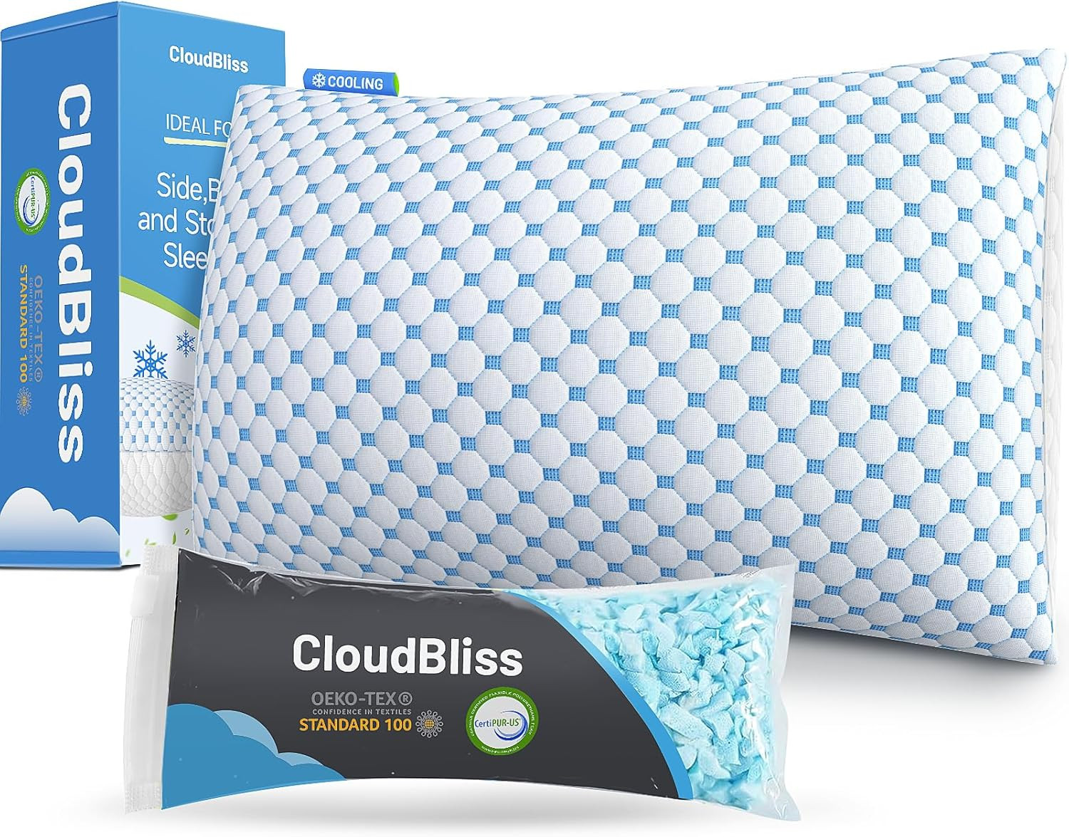 Shredded Memory Foam Pillow for Sleeping - Adjustable Cooling Pillow with Breath