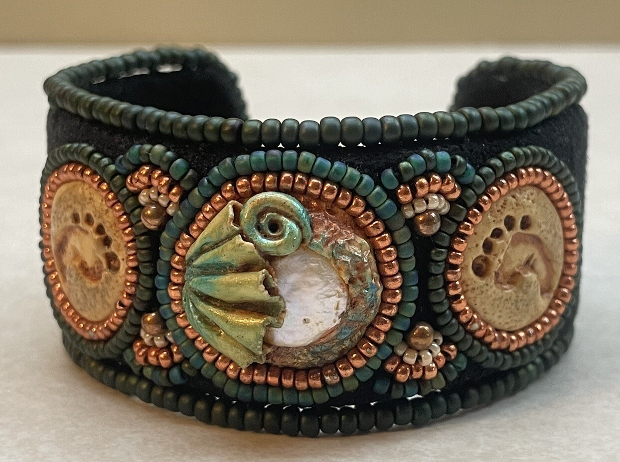 Artisan Signed Unique Clay & Bead Velour Cuff Bracelet Excellent