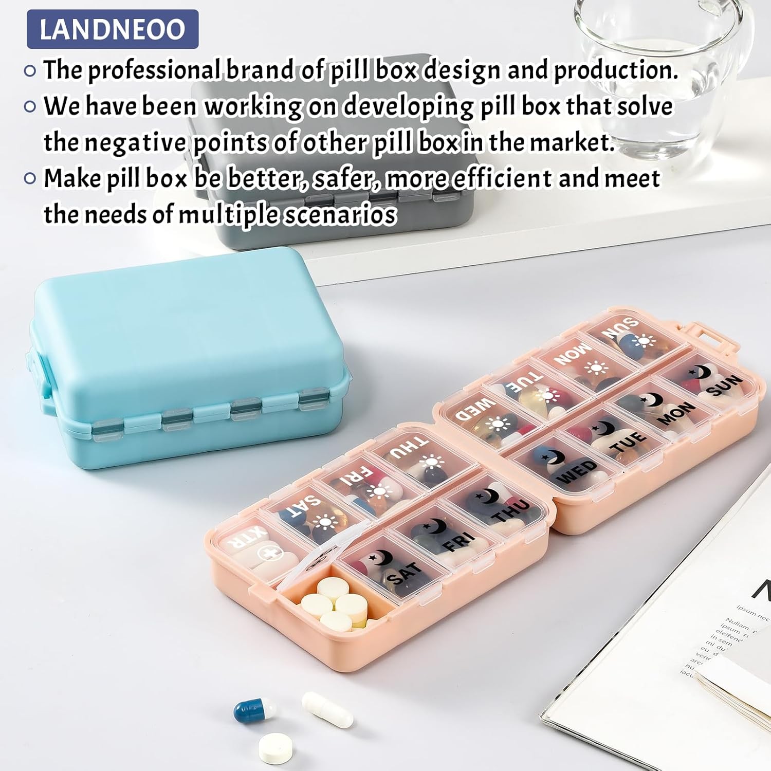 Foldable Weekly Pill Organizer 2 Times a Day with 2 Extra Compartments (