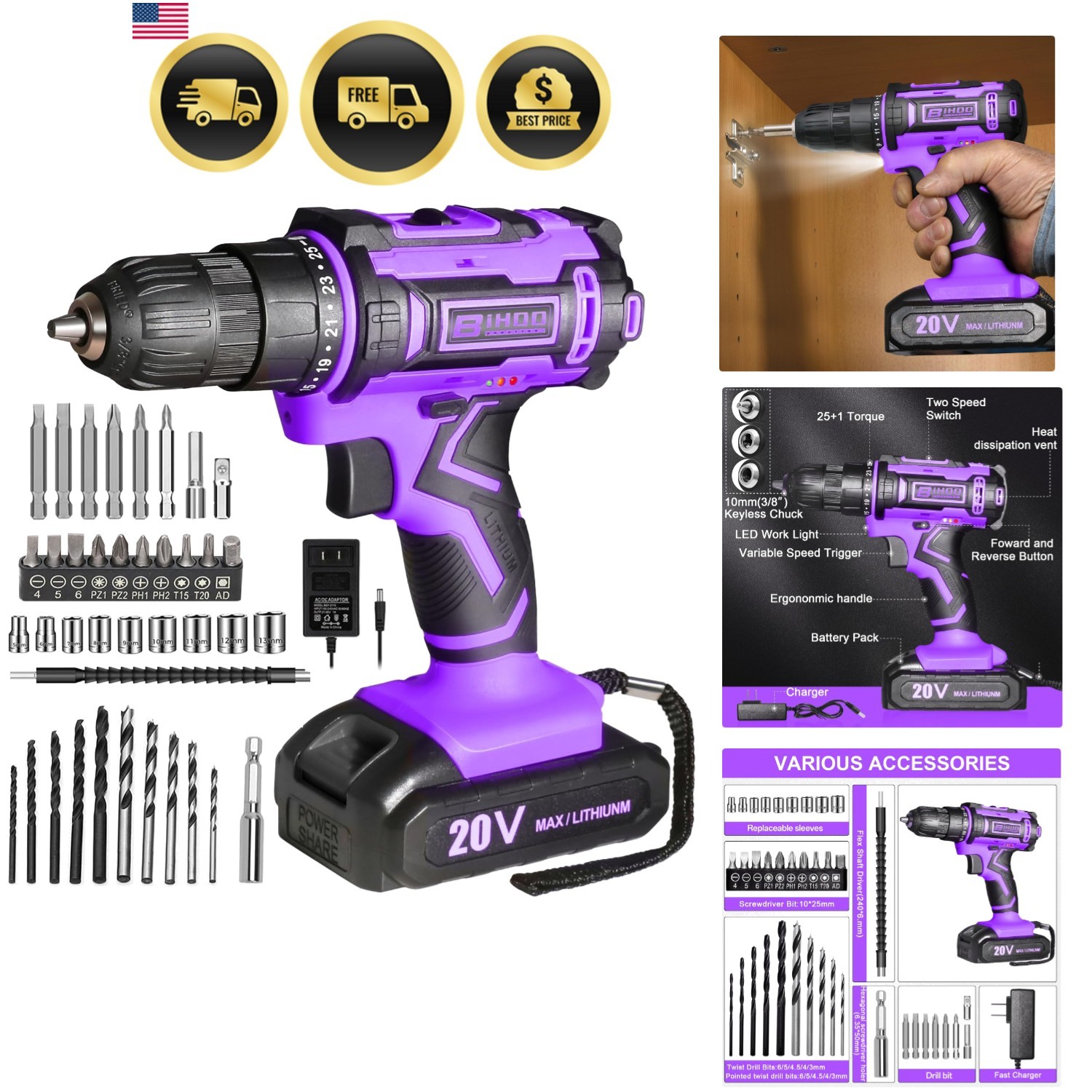 Purple Cordless Drill Set,20V Drill Driver with Battery and Charger,3/8-Inch ...