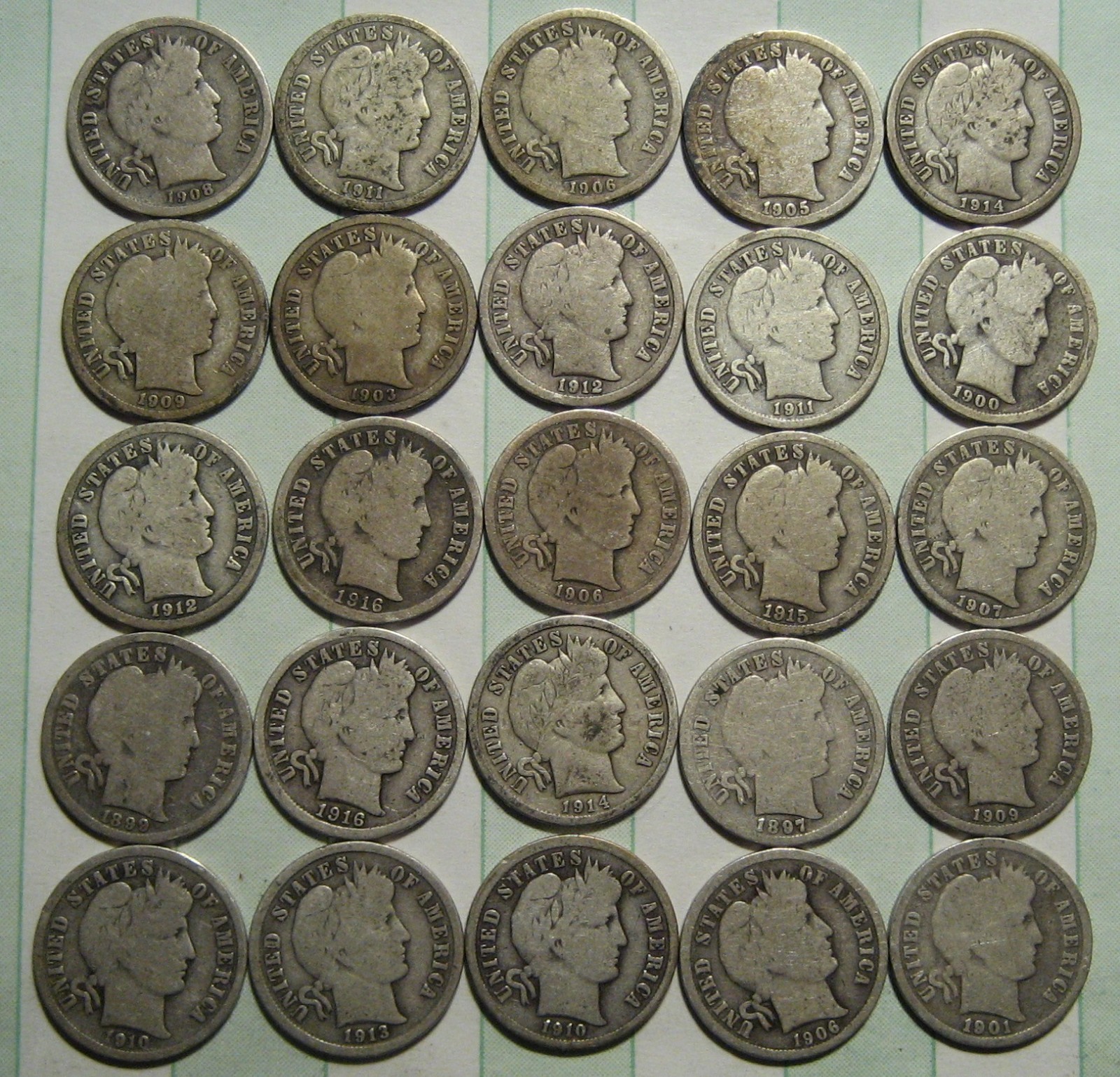 = 25 DIFFERENT Date / Mint Mark BARBER DIMES, Full Rims, Good & Slightly Better