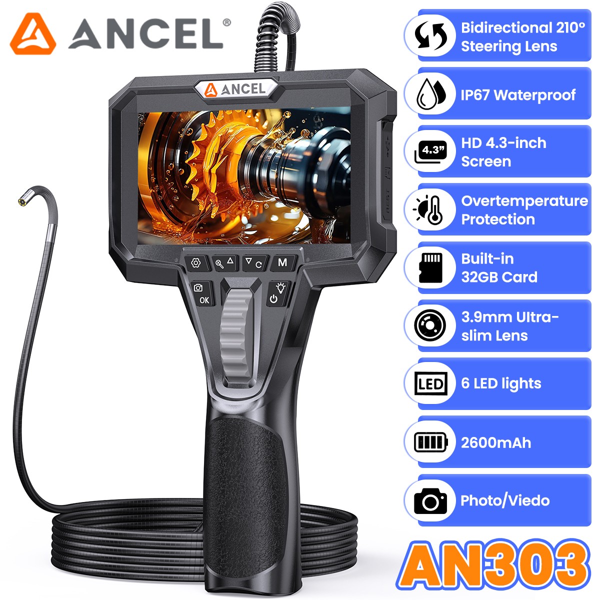 6 Leds Two-Way Articulating Borescope Camera Endoscope Inspection Camera 3.9MM