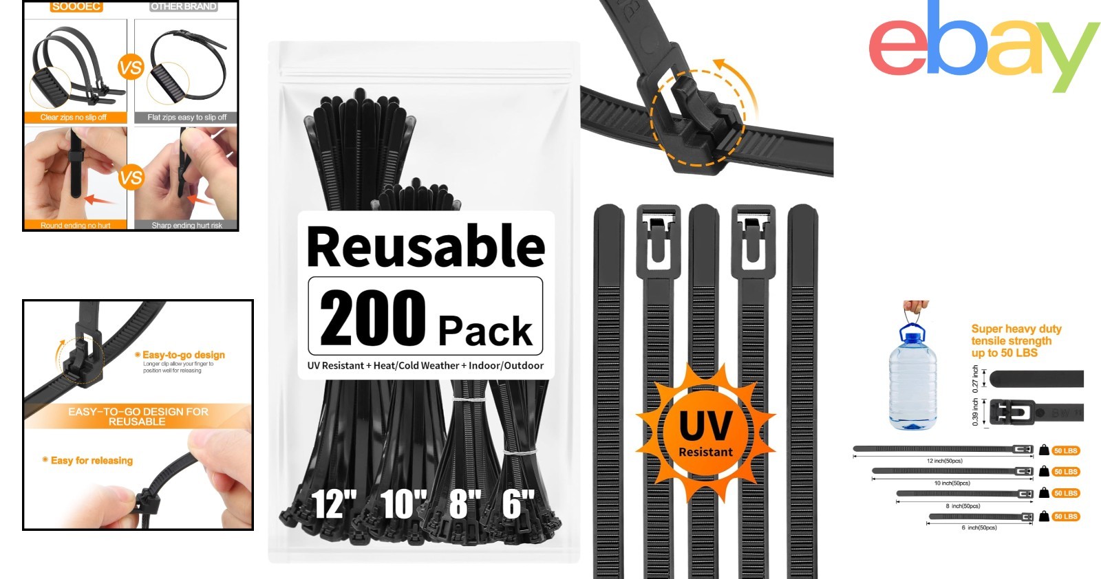 200 Count Heavy Duty Zip Ties Assorted Sizes with Non-Slip Grip for Reliability