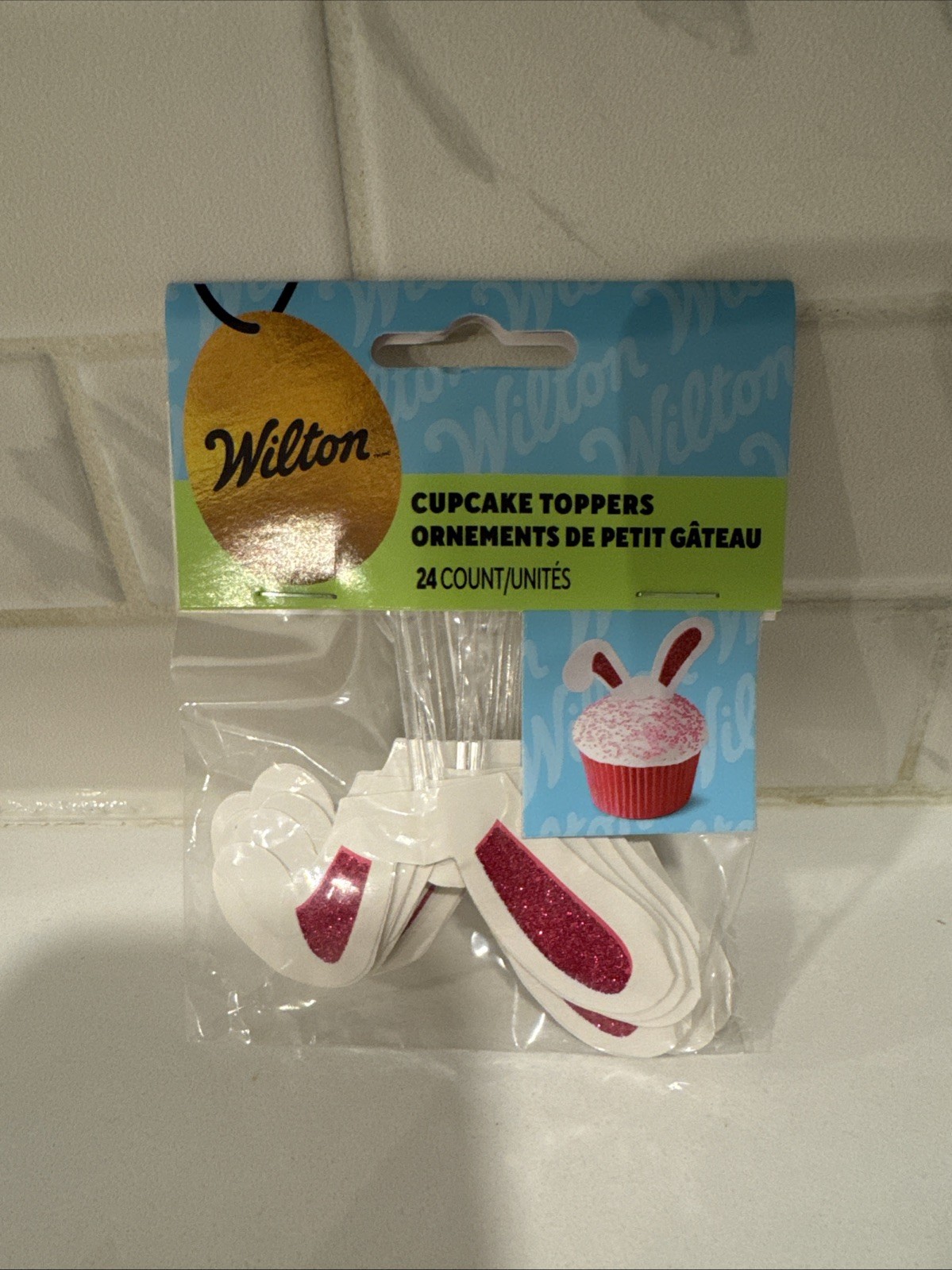 NEW! Wilton Bunny Ear Cupcake Toppers 24/Pkg Easter Pink Glitter UPC070896393562