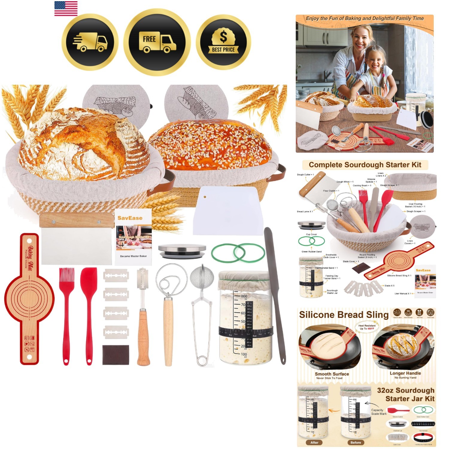 Sourdough Starter Kit, Bread Baking Supplies with Round & Oval Banneton Proof...
