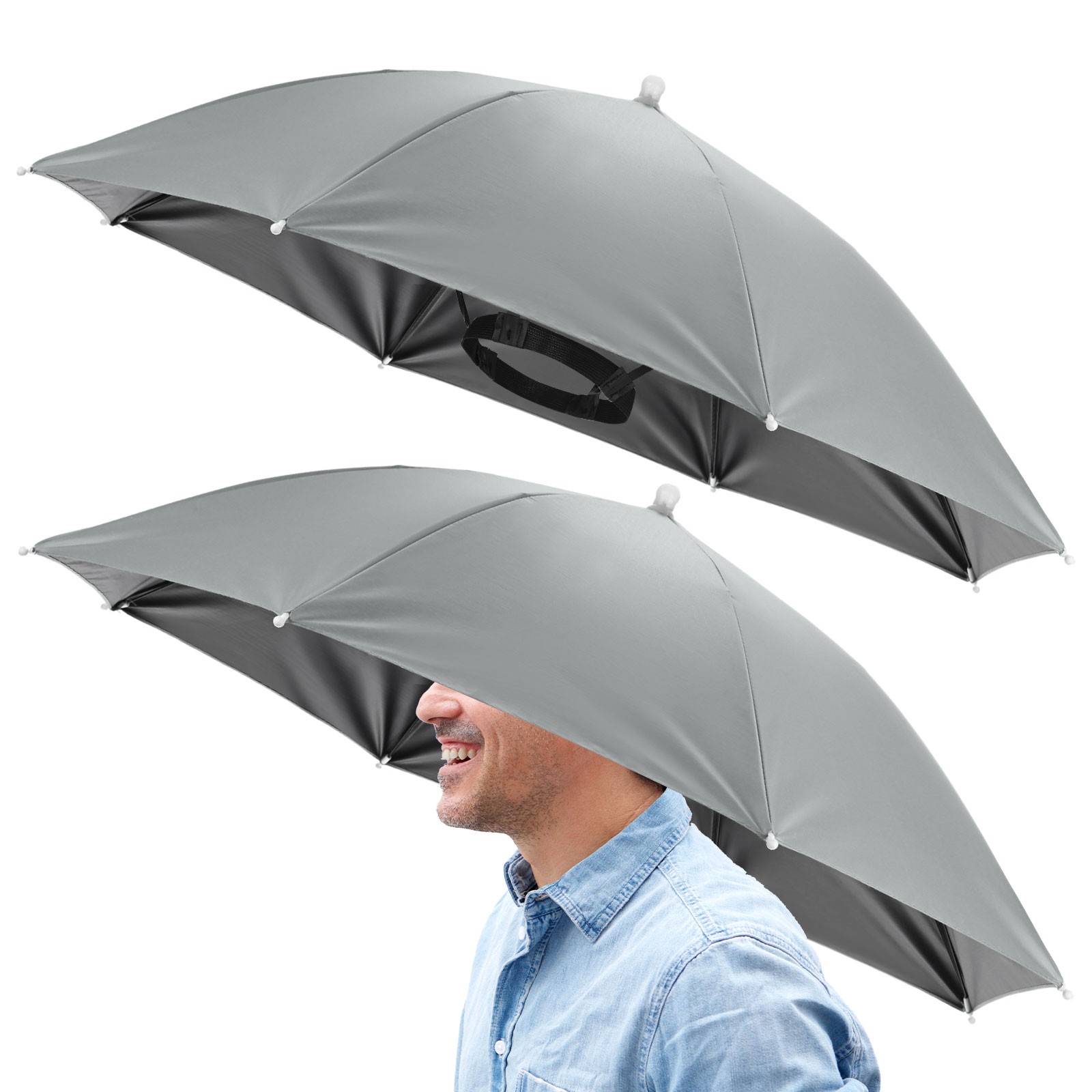 2 Pcs 26" Headband Umbrella Hat Black Glue Umbrella Cap for Outdoor [Gray]